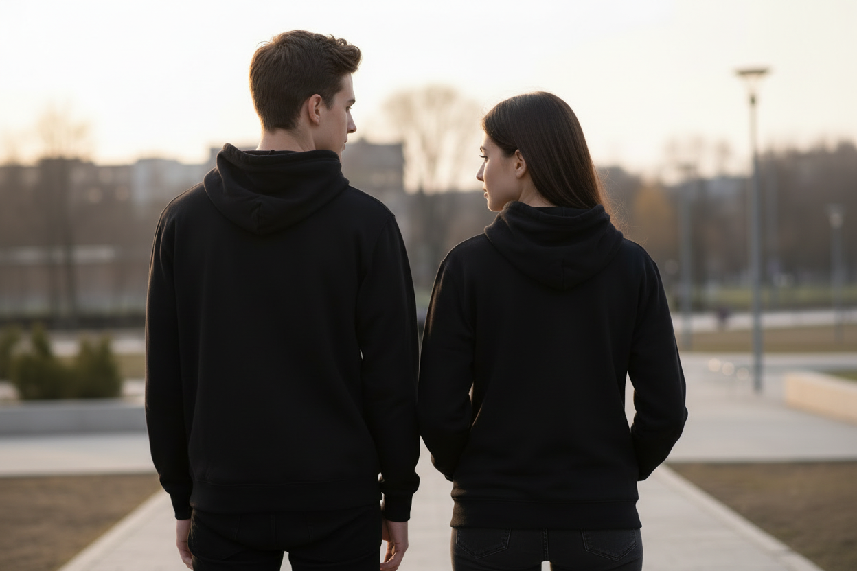 Unisex Essential Hoodie in Schwarz ohne Logo . Zeitloser Casual-Style. Repräsentiert die Dualität von PARALLEL SEASON 